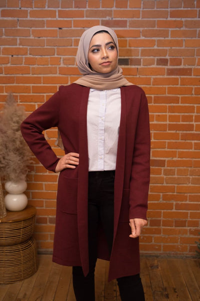 Fatima Saleh- Burgundy Cardigan - Afflatus Hijab - casual, clothing, fashion, hijab, modest