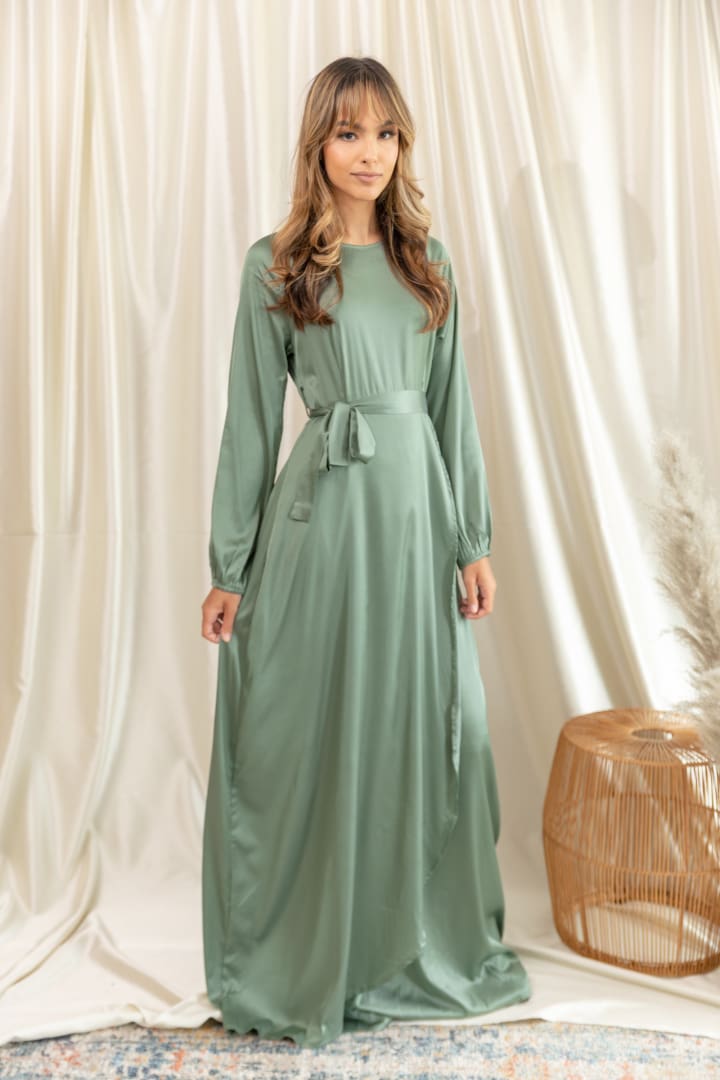Afflatus Hijab Long Sleeve Sage Green Maxi Satin Wrap Dress