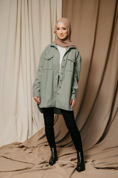 sage green shacket, shacket, modest, modesty, hijab, hijab fashion, hijab style, jacket, women, womens clothing, edmonton, canada
