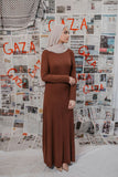 Hind Khoudary - Brown Ribbed Knit Maxi Dress - Afflatus Hijab - fashion, hijab fashion, modest, modest clothing, modest fashion