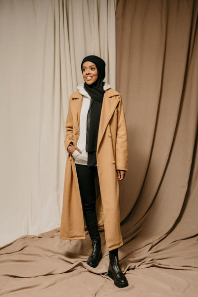 hijab, hijab fashion, modest, modesty, modest fashion, women, coat, winter, jacket, camel coat, fahsion
