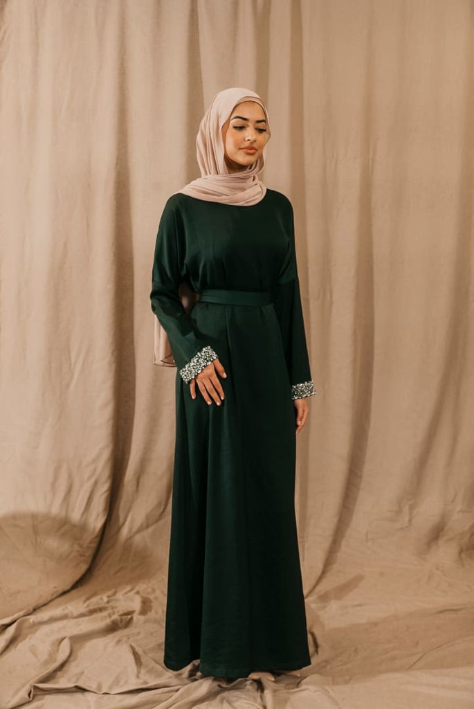 Afflatus Hijab - Khansa Rashid Forest Green Satin Maxi Dress Afflatus Hijab - Khansa Rashid Forest Green Satin Maxi Dress