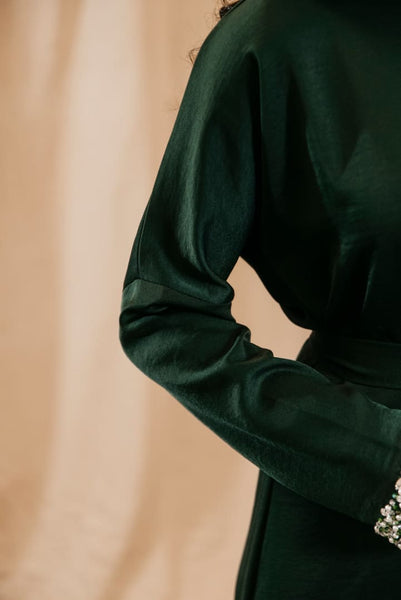 Khansa Rashid Forest Green Satin Maxi Dress - Afflatus Hijab - abaya, afflatus hijab, dress, Dresses, dressy