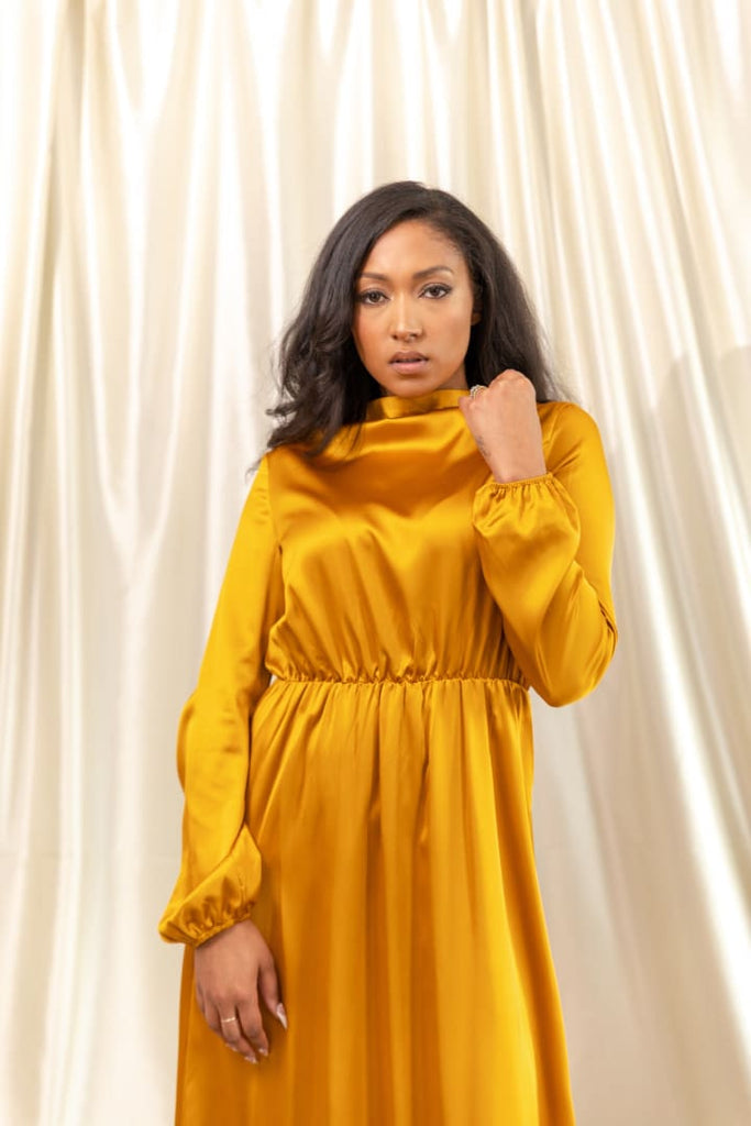 Afflatus Hijab - Long Sleeve Golden Yellow Satin Maxi Dress Afflatus Hijab - Long Sleeve Golden Yellow Satin Maxi Dress