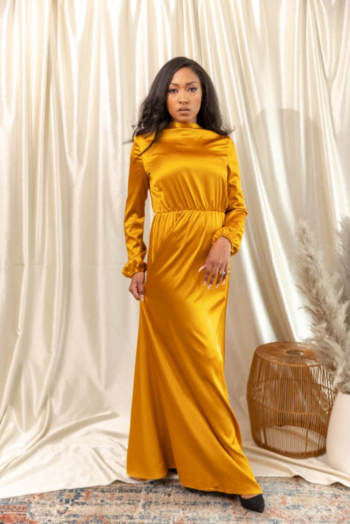 Afflatus Hijab - Long Sleeve Golden Yellow Satin Maxi Dress Afflatus Hijab - Long Sleeve Golden Yellow Satin Maxi Dress