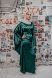 Plestia Alaqad Emerald Green Satin Kaftan Dress - Afflatus Hijab - abaya, afflatus hijab, hijab, hijab fashion, hijab in islam