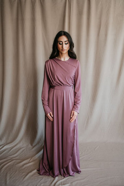 Purple Ruched Dress with Shoulder Train - Afflatus Hijab