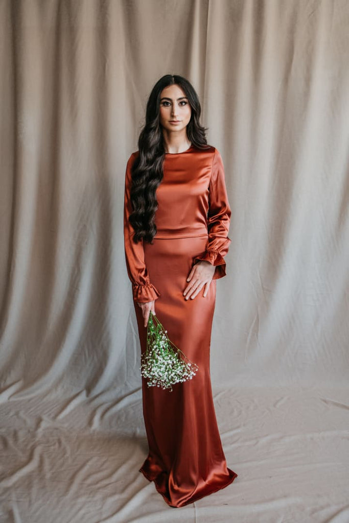 Afflatus Hijab - Long Sleeve Rust Satin Maxi Dress Afflatus Hijab - Long Sleeve Rust Satin Maxi Dress