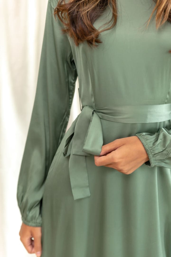 Afflatus Hijab - Long Sleeve Sage Green Maxi Satin Wrap Dress Afflatus Hijab - Long Sleeve Sage Green Maxi Satin Wrap Dress