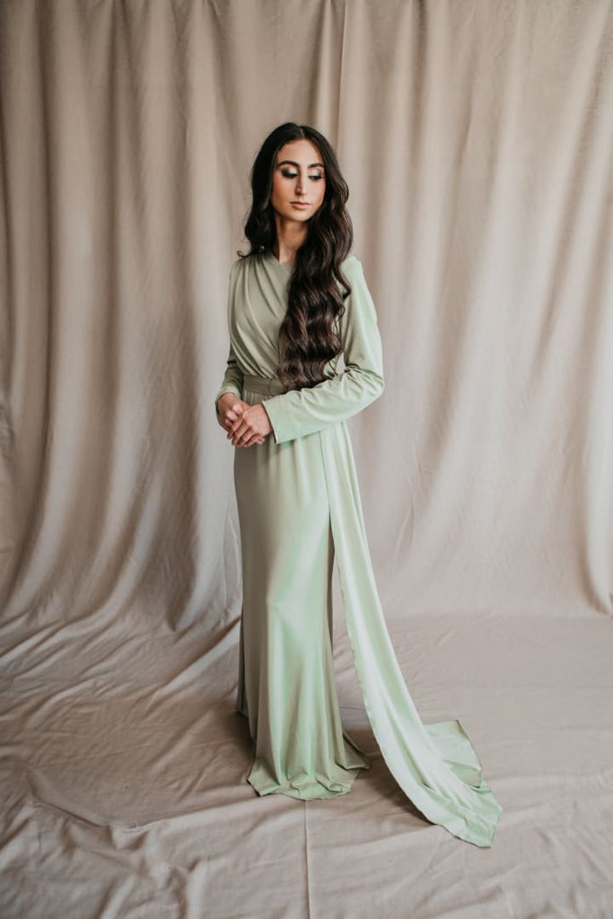 Afflatus Hijab - Long Sleeve Sage Maxi Dress with Side Train Afflatus Hijab - Long Sleeve Sage Maxi Dress with Side Train
